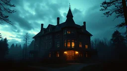 A strange, misty hotel in the middle of the woods, abandoned, with faded Victorian architecture and dimly lit windows, stands ominously under a cloudy twilight sky., In the dark night, photo real, 8k, cinematic, this poster incorporates rich cinematic color grading reminiscent of Kodak Porta 400 and Cinestill 800 films, shot through a Leica M10 lens, with a cinematic image of high contrast.