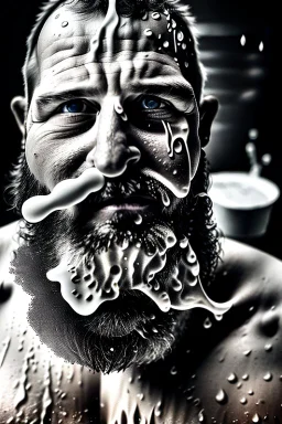 close up photography, dirty burly chubby Italian strong 48 years old homeless man, full of splashing milk in the face dripping on the beard, with dirty tank top, emotional eyes, manly chest, photo, Canon EOS, lens 35mm, natural lights, 8K, in the morning