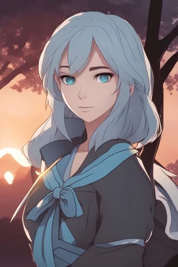 Young woman with light blue shoulder length hair, blue eyes, sunrise in background, holding a bow, RWBY animation style