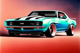 a true-to-life 1969 chevrolet camaro pro touring widebody, two-tone paintwork, classic hotrod wheels, detroit steel wheels, pen and color marker, centered, intricate, extreme detailed, photorealism, center view, stylized random background, pivot on camaro, painting by cheryl kelley