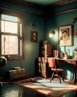 Room scene with retro monster, Wes Anderson style, realistic photo, concept art, smooth, unreal engine 5, god lights, ray tracing, RTX, lumen lighting, ultra detail, volumetric lighting, 3d.