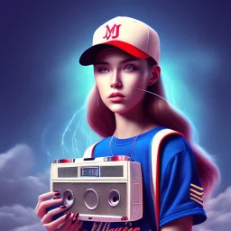 a girl wearing a baseball cap holding a small boombox in her hand, full shot. paint splashes, outrun, vaporware, shaded flat illustration, digital art, trending on artstation, highly detailed, fine detail, intricate