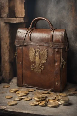 in the BASEMENT there is an old, broken brown oblong leather chest with short handles, with a hole on the side, gold coins from the time of Catherine the Great fall out of it. The ancient coat of arms of tsarist Russia, the double-headed eagle, is BARELY VISIBLE on the bag. All in high quality 8K