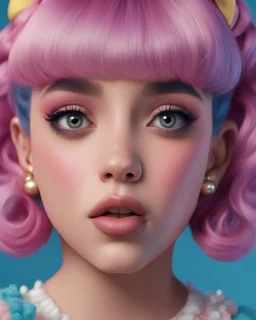 photoreal close-up of a gorgeous Singer melanie martinez face , 8k, high detail, smooth render, unreal engine 5, cinema 4d, HDR, dust effect, vivid colors