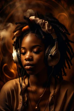 earthy black young woman listening to music with headphones, soul, peace, majestic, earthy colours, at peace, happy, incense, jewels, bands, natural, old school headphones, blasian, incense, no epicanthal folds, darker skin tone