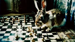 abstract painting, A wild rabbit is wreaking havoc on the chessboard, Ink combinated Analogue film photo, 1950s, candid, retro analog, 35mm film, film grain,