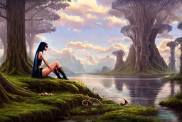 A skinny woman with a Cleopatra hairstyle, short skirt, and knee-high boots, looking out over a lake, in an alien forest, with tall cloud trees, flying Portuguese men of war with octopus tentacles