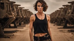 beautiful slender caucasian female technician, black tank top, well toned muscles, weathered face, scratched sand camo metal details, short brunette wavy bob haircut, dystopian, desert scene, bloody wounds, explosions in background, wounded by gunfire