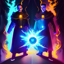 A commander in matte black robes with flaming eyes with flaming light blue pupils stands atop a squire Two infinity gauntlets contain six infinity stones, one of which is made with nano In the hands of a powerful man walking