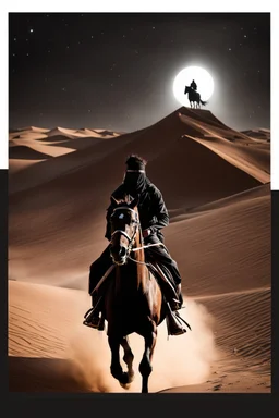 Photography Mistery of Black Ghost Man Arabian,driving on Black Horse,Walking alonely on desert darkness night background