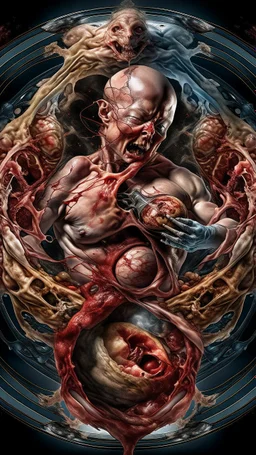 cinematic gore Bosch vs Dali style photorealistic photo of a mangled embryonic body wrestling itself in a fleshy vortex vortex, of anatomically fragmented, ripped apart again being flayed, skinned alive beating heart, muscles, blood vessels, bowels, entrails, capillaries, oozing puss are exposed. Visceral anatomy. physiology. Their face and body opens with a zipper. Bosch and Dali inspired hallucinations. mythology. grotesque.