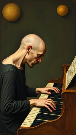 Hieronymus Bosch style , a man with no hair playing the piano