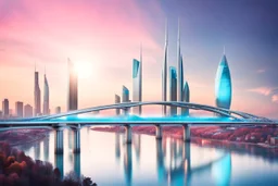 Dreamlike Skyline of Downtown futuristic hightech city in 4050 and a stunning futuristic Bridge During Sunlight with dark grey clouds in sky, over the azur-silver color river, cold colors, come storm, high detalied, sci-fi, landscape