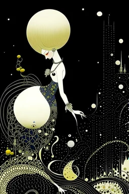 Kay Nielsen, Joan Miró, Surreal, mysterious, strange, fantastical, fantasy, Sci-fi, Japanese anime, miniskirt beautiful girl putting a full moon in her trunk, perfect voluminous body, detailed masterpiece