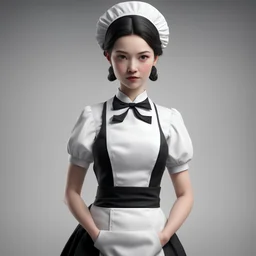 realistid 4 k the maid stands poised with a slender, elegant posture, clad in her traditional black-and-white uniform. Her sleek dress drapes gracefully, tailored to accentuate her figure while maintaining an air of professionalism. She adjusts her pristine white apron, its fabric crisp against the backdrop of her attire, showcasing her meticulous attention to detail. Her hair, neatly styled and tucked under the demure maid's cap, adds a touch of refinement to her appearance. Standing parallel,