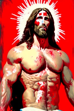 "Beefcake Jesus" depicts a satirical portrait of a sexy muscular Jesus that has had red paint splattered on it by Fundamentalist protestors