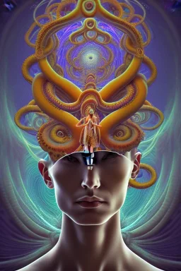 Spiritual being with Tentacles over human Head creating reality around, wrapping Spiral around Human, Psychedelic