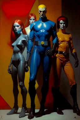 1970's dark fantasy cover dnd style oil painting of the x-men with sport outfits with minimalist far perspective. Magazine.