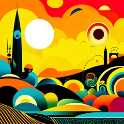 Vector graphics of a maximalistic landscape in Max Ernst style, figures, strong colors