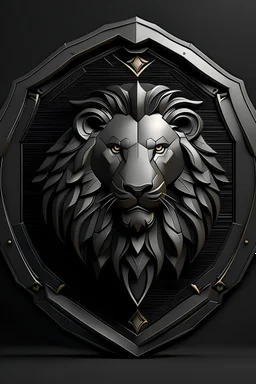 a black shield with a stylized lion head in the center. make it very low poly