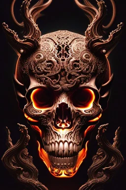 A beautiful highly detailed ornate intricate portrait of a flaming demon skull made of shiny obsidian glass :: reflective, glassy :: subtractive lighting, backlit :: by John William Waterhouse, Greg Rutkowski, HR Giger :: hyperrealistic, hyper detailed, photorealistic :: epic, incredible composition, amazing depth, meticulously composed, 16k resolution concept art :: fantasy magazine cover art