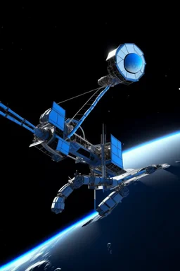 In a sci-fi starry sky background, a slender space flexible robotic arm is located on the satellite in the frame.The images have high resolution