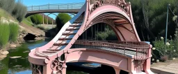 A pale pink bridge made out of violins painted by Salvador Dali