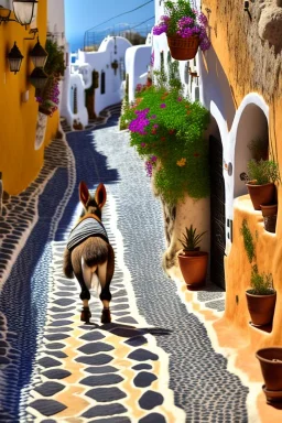 donkey on a path in Thira, Greece, baskets with vegetables on his back, cobblestone pavement, hyper realistic, detailed, accurate, beautifully ornamented houses, open aperture, style Isabel Kreitz