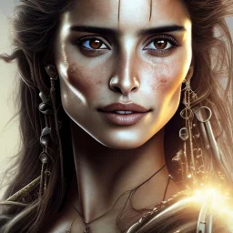 best quality, realistic lighting, masterpiece portrait of Penelope Cruz from pirates of the Caribbean, details, light dusting of freckles, shot from above, simple chain hauberk, warhammerVector art matte painting digital illustration 3D shading CryEngine Behance HD 3Delight