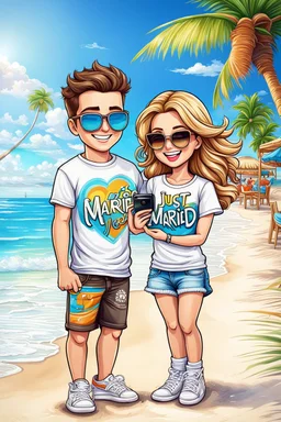 close up a cute chibi young couple in compatible, identical t-shirts that read text:"Just Married!" in colorful letters. funny couple taking a selfie on a beautiful beach, blue sky, white sand, in the distance a Mediterranean bar , next to a palm tree, happy day, detailed, high quality, hyperrealistic, masterpiece intricate details, HDR, beautifully shot, sharp focus, 64 megapixels, perfect composition