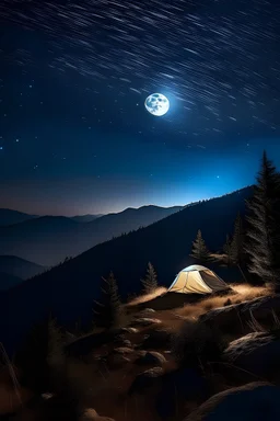 camping di puncak gunung dengan bulan dan bintang dilangit