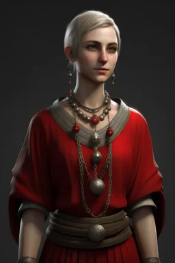 full length, tall, gangly, 22-year old, short haired, nordic looking grey-eyed female human cleric with a red beaded necklace