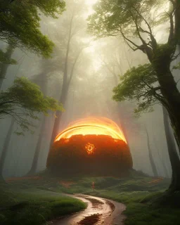 A Epic circular biomechanical fire ring portal, in middle of surreal hills, surrounded with beautiful cloud mist, huge trees with abnormal shape, oversized trees, art by Jordan Grimmer, high level of details