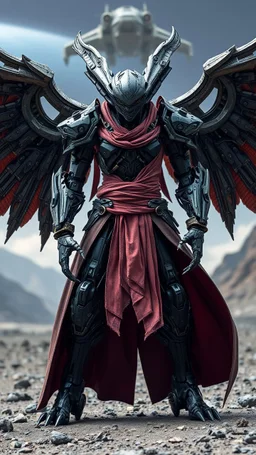 A centering dynamic view action showcasing the fusion of sigma and Neumorphic elements, depicting a fully fantasy of an alien with wings Its intricate mechanisms are driven by interlocking robes and complex fabrics casual outfit embedded throughout its massive figma frame. Stance on black mechtech battlefields abandone Dojo. And the face is looking straight to the camera , a space ship landed from a distance in the background