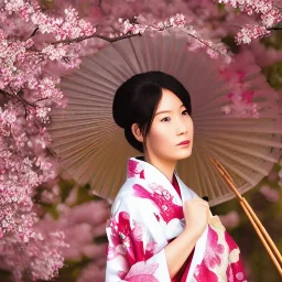 portrait of asian goddess wearing traditional kimono and holding bamboo umbrella, stunning, beautiful, gorgeous, cherry blossoms, realistic, photo illustrative, ornate, 8K resolution, high-quality, fine-detail, digital art, detailed matte, brian froud, howard lyon, selina french, anna dittmann, annie stokes, lisa parker, greg rutowski, alphonse mucha