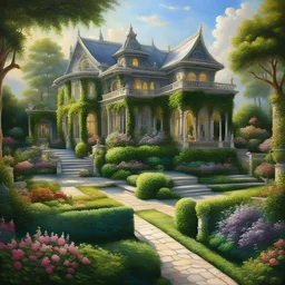 Painting of a house in the middle of a garden, beautiful house, ornate palace of greenery, stone terrace, romantic warm, fantastic house, beautiful garden, beautiful terrace, garden landscape, royal garden landscape, romantic,beautiful fantastic painting, romantic landscape painting, very detailed