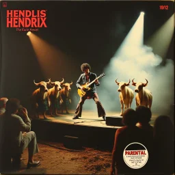 Photographic album cover, Jimi Hendrix playing a guitar dramatically on a stage in a barn to an audience of anthropomorphic cows in kilts, smoke machine on stage, fantastical, surreal, sophisticated, dramatic, creepy, 'Parental Warning Sticker' on bottom right