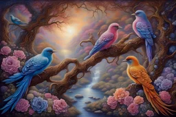Fantasy birds and fantasy flowers and trees professional award winning masterpiece oil on canvas Atmospheric extremely detailed Josephine Wall