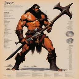 ConceptSheet: barbarian and his axe with AD&D statistics [by frank frazetta]
