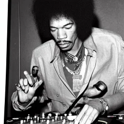 portrait of Jimi Hendrix at a turntable with headphones on being a DJ, cigarette in mouth