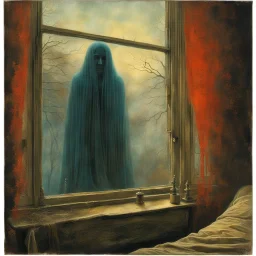 Unsettling visual of a sentient ghost outside bedroom window, crafted by the imaginative Stephen Grammell, with additional touches by the eccentric Zdzislaw Beksinski, image stirring deep-seated insomnia, surreal masterpiece laden with symbolism, realistic, detailed, digital painting