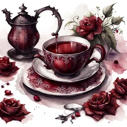 watercolor drawing gothic maroon tea set with flowers, rubies and lace, on a white background, Trending on Artstation, {creative commons}, fanart, AIart, {Woolitize}, by Charlie Bowater, Illustration, Color Grading, Filmic, Nikon D750, Brenizer Method, Side-View, Perspective, Depth of Field, Field of View, F/2.8, Lens Flare, Tonal Colors, 8K, Full-HD, ProPhoto RGB, Perfectionism, Rim Li