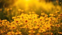 "A vibrant summer meadow filled with golden yellow daisy blossoms, bathed in the warm, golden light of the setting sun. The scene captures the tranquility and beauty of nature, with sunlight filtering through the petals, creating a peaceful and serene atmosphere. The background is softly blurred, emphasizing the bright and vivid colors of the flowers in the foreground. The image radiates warmth, happiness, and the simple beauty of a sunny day in nature."