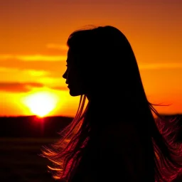 Silhouette of the head of a young lady with long flowing hair in a slight breeze. At sunset in Czech nature.