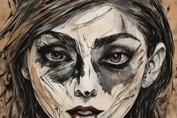 illustration of a vampire girl, in the style of threadbare abstract expressionism, bronze , black, and cypress, vintage abstract cut-and-paste, ricoh gr iii, editorial illustrations, fine lines, highly detailed