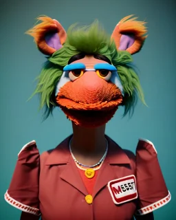 Portrait, hybrid character, waitress woman with monster muppet mask that covers her entire head, retro style, Sesame Street style, smooth, unreal engine 5, god lights, ray tracing, RTX, lumen lighting, ultra detail, volumetric lighting, 3d.