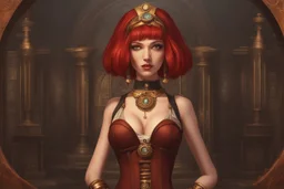 a skinny Cleopatra, with a bob red hairstyle, standing in a steampunk setting.