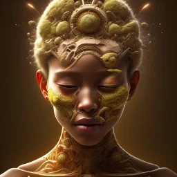 Octane render. 4K Oil painting. Fine art. Detailed. Fractal. Chakras. Sacred geometry. a brain exploding. kintsugi. Chaos. Portrait of a young black woman crying.a mind fracturing.confusion. Tears the colour of oil. Depression seeping out of her eyes nose and mouth like a oil spill.