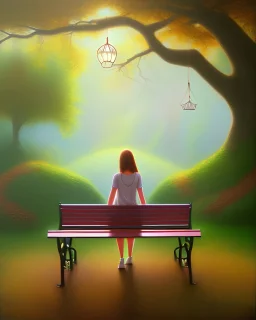 park mystical dream, park bench, man, woman, child, dog, trees, path, bird, sunshine, mystical, fantasy, romanticism, pastel colors, daylight, daytime, acrylic painting, detailed,