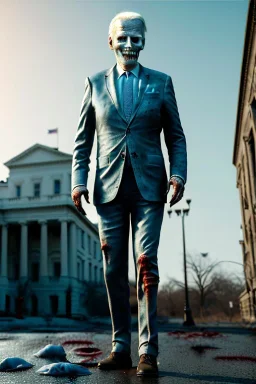 Ultra realistic image, joe biden zombie, zombie performance, suit, skull, blood, torn arm, night, walking twisted, waist up view, thriller style, dark ambient, highly detailed, White House background, concept art, unreal engine 5, ray tracing, RTX, ultra detail, volumetric lighting, high definition, high resolution.